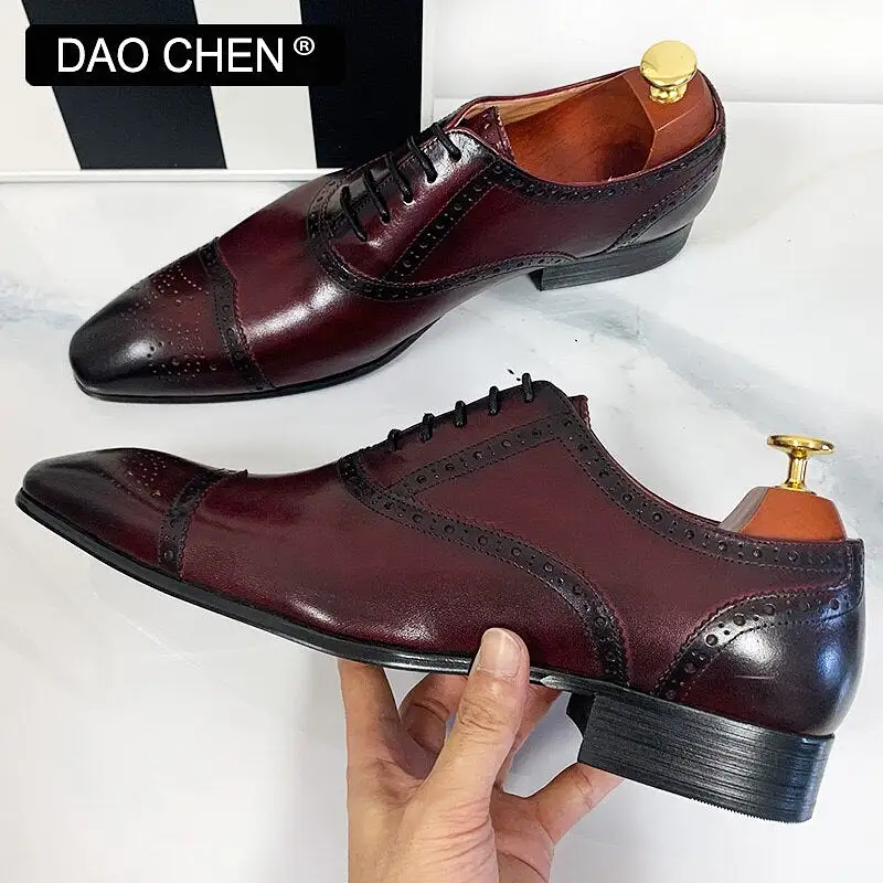 BLACK RED LACE UP CAP TOE CASUAL MEN DRESS SHOES