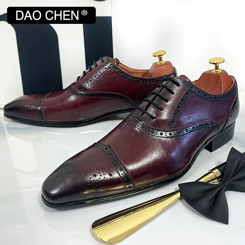 BLACK RED LACE UP CAP TOE CASUAL MEN DRESS SHOES