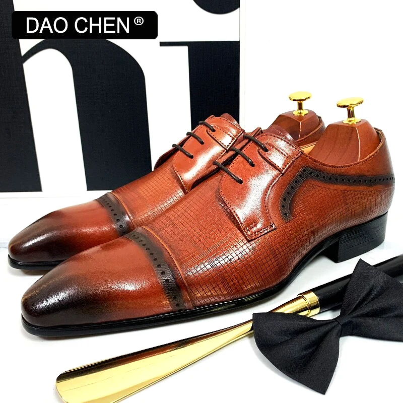 ITALIAN MEN DRESS SHOES ENGRAVED PLAID SHOES LACE UP GENUINE LEATHER