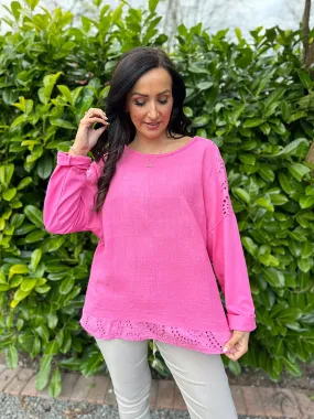 Lipstick Pink Broderie Anglaise Detailed Top Rhianna