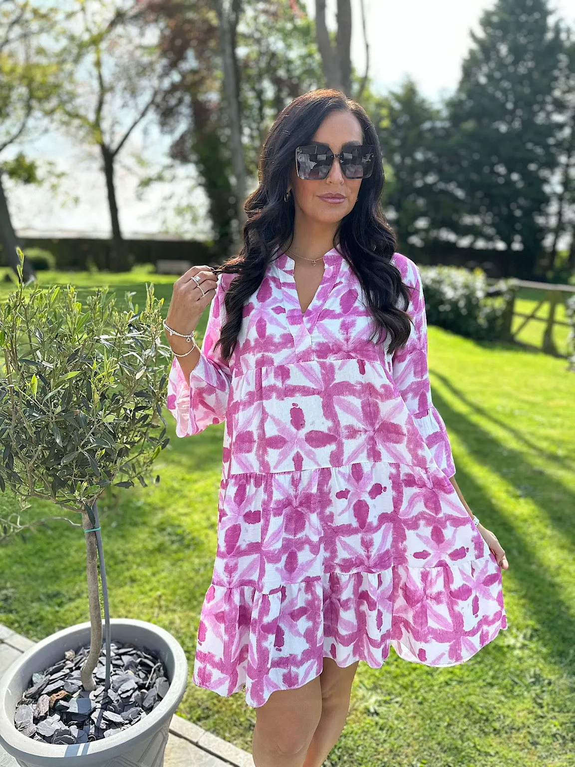 Lipstick Pink Patterned Tiered Dress Delia