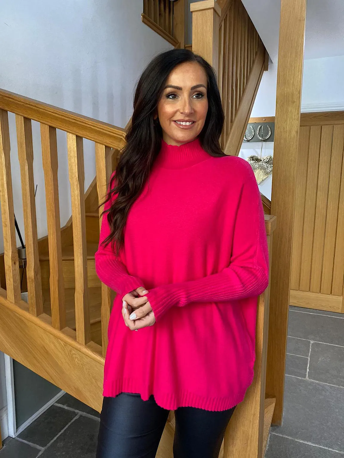 Lipstick Pink Ribbed High Neck Jumper Isla