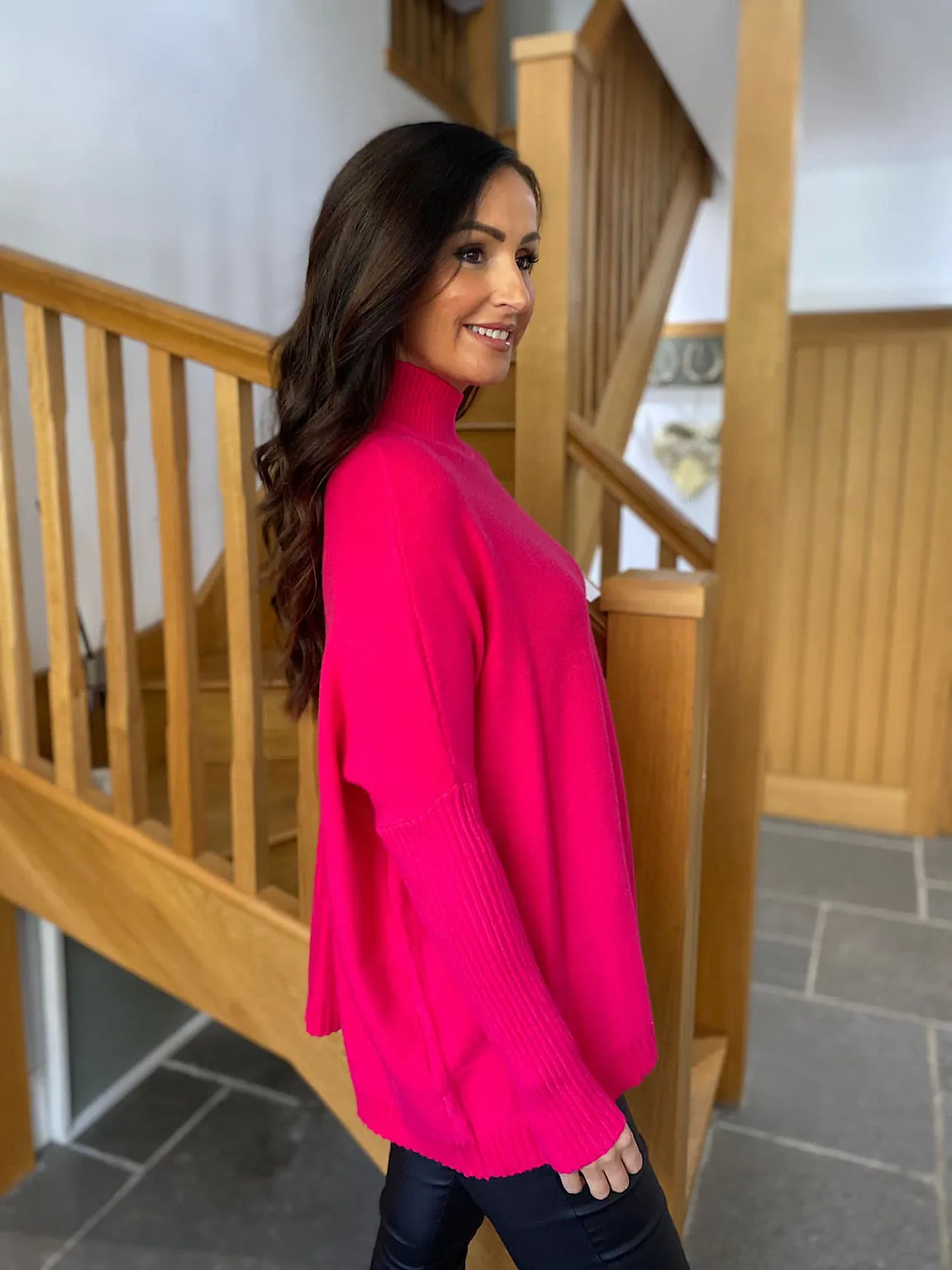 Lipstick Pink Ribbed High Neck Jumper Isla