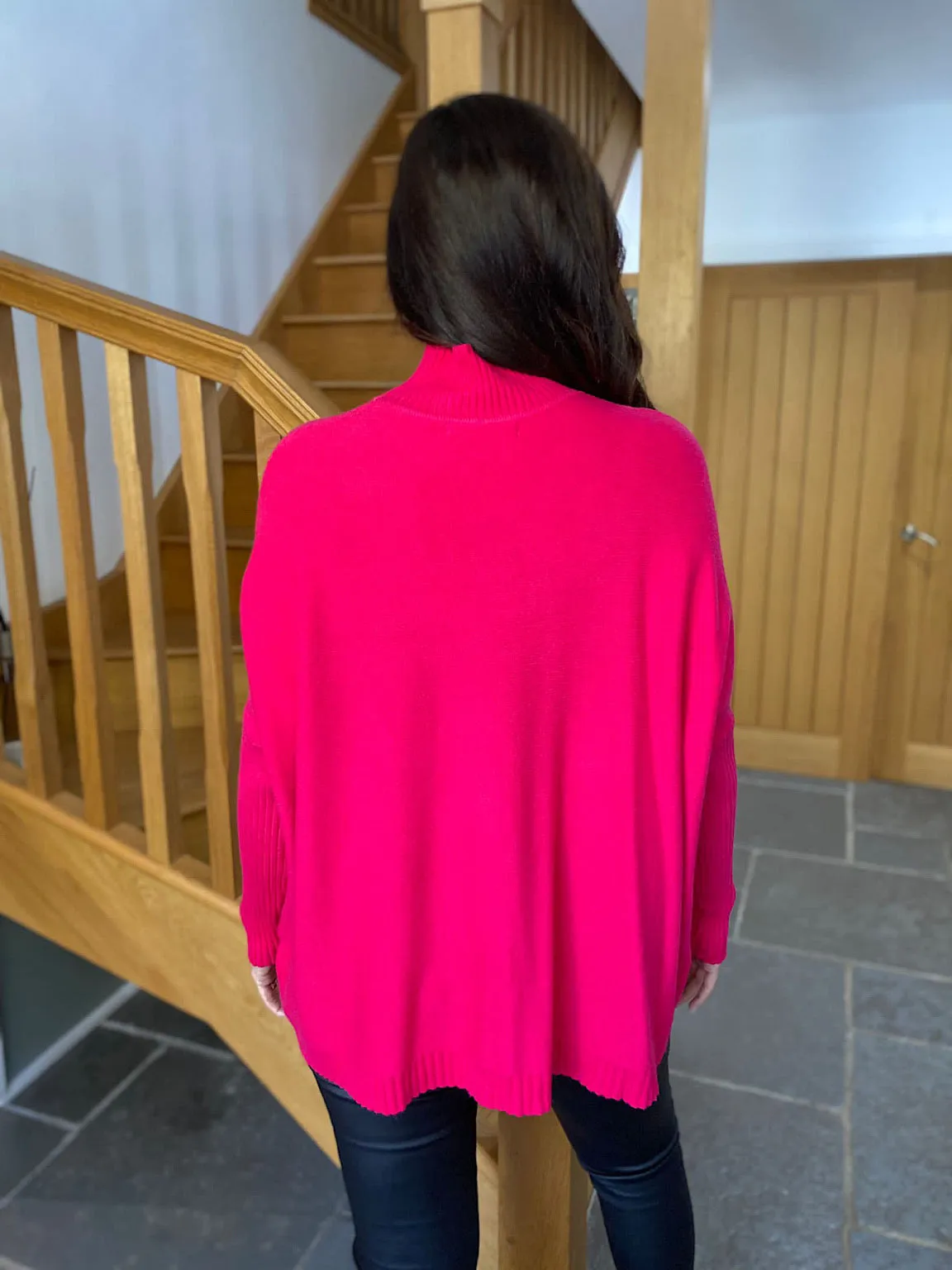 Lipstick Pink Ribbed High Neck Jumper Isla