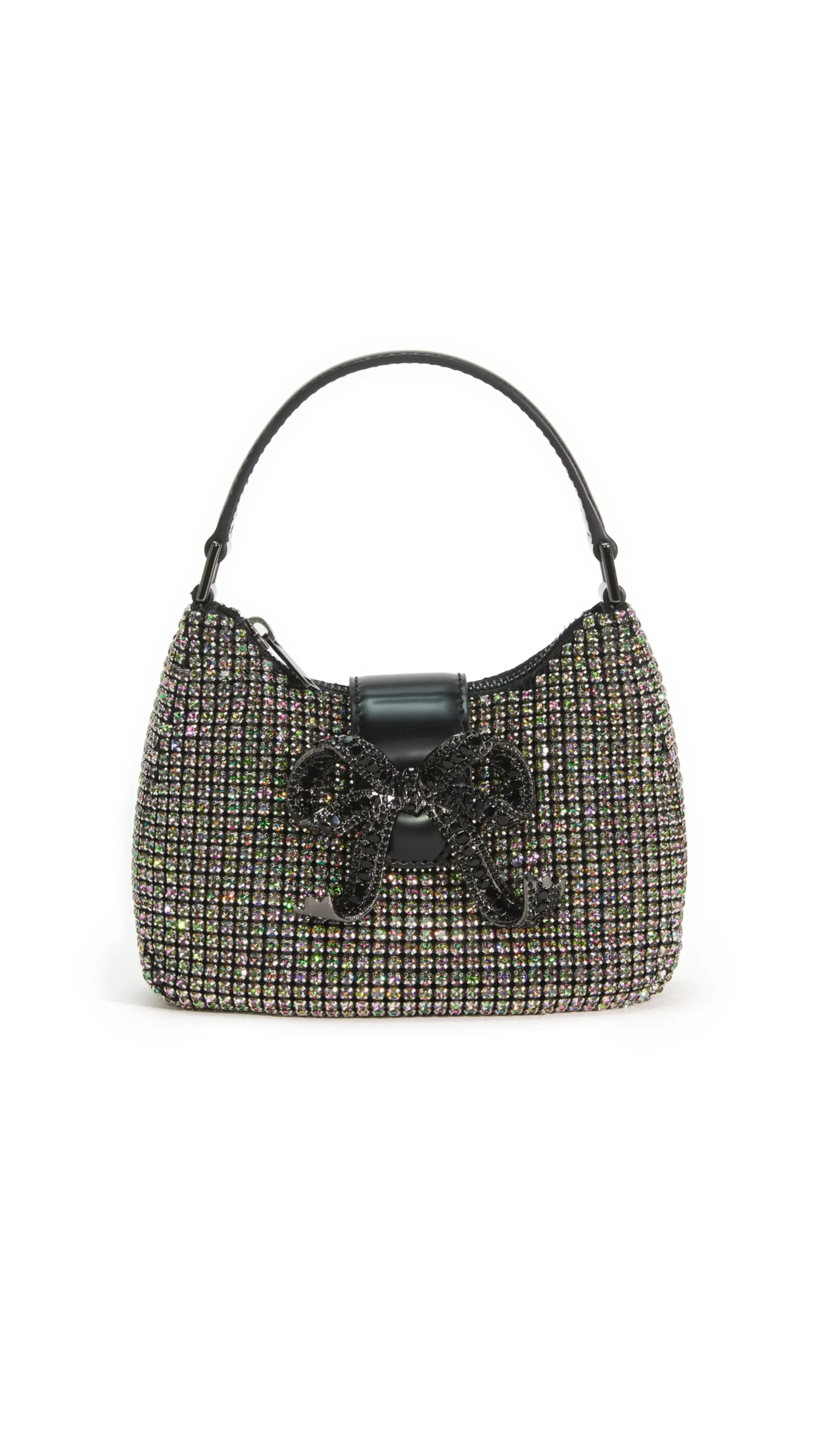 Multi Rhinestone Chainmail Crescent Bag - Black