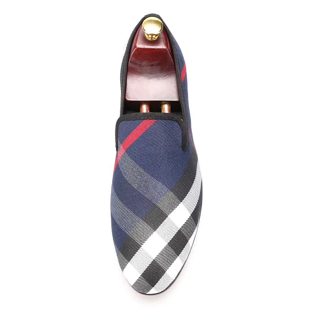 OneDrop Handmade Dress Shoes Blue White Plaid Canvas Men Leather Insole Wedding Party Prom Loafers