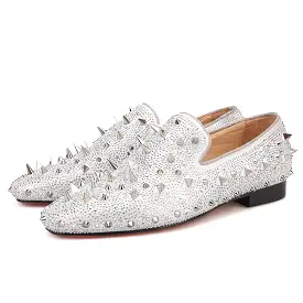 OneDrop Handmade Dress Shoes Spikes Diamond Men Glitter Leather Party Wedding Prom Loafers