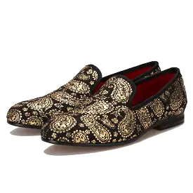 OneDrop Handmade Gold Cashew Flower Print Men Velvet Dress Shoes Party Wedding Prom Loafers