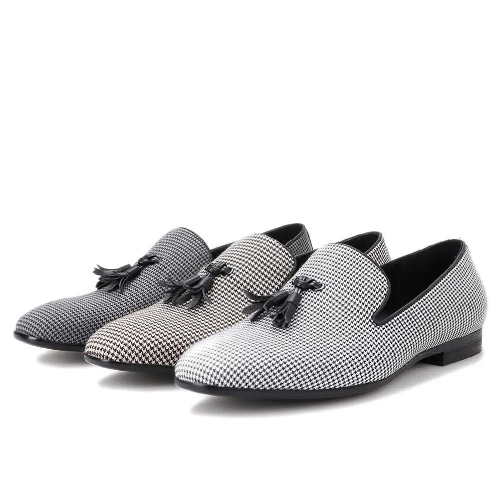 OneDrop Handmade Houndstooth Fabric Men Leather Tassel Dress Shoes Party Wedding Prom Loafers