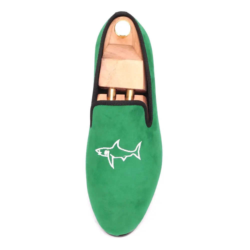 OneDrop Handmade Men Green Velvet Dress Shoes Shark Embroidery Party Wedding Prom Loafers