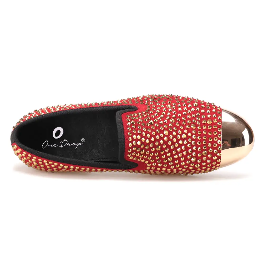 OneDrop Handmade Red Suede Men Dress Shoes Gold Rhinestone Gold Toe Metal Wedding Party Prom Loafers