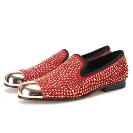 OneDrop Handmade Red Suede Men Dress Shoes Gold Rhinestone Gold Toe Metal Wedding Party Prom Loafers